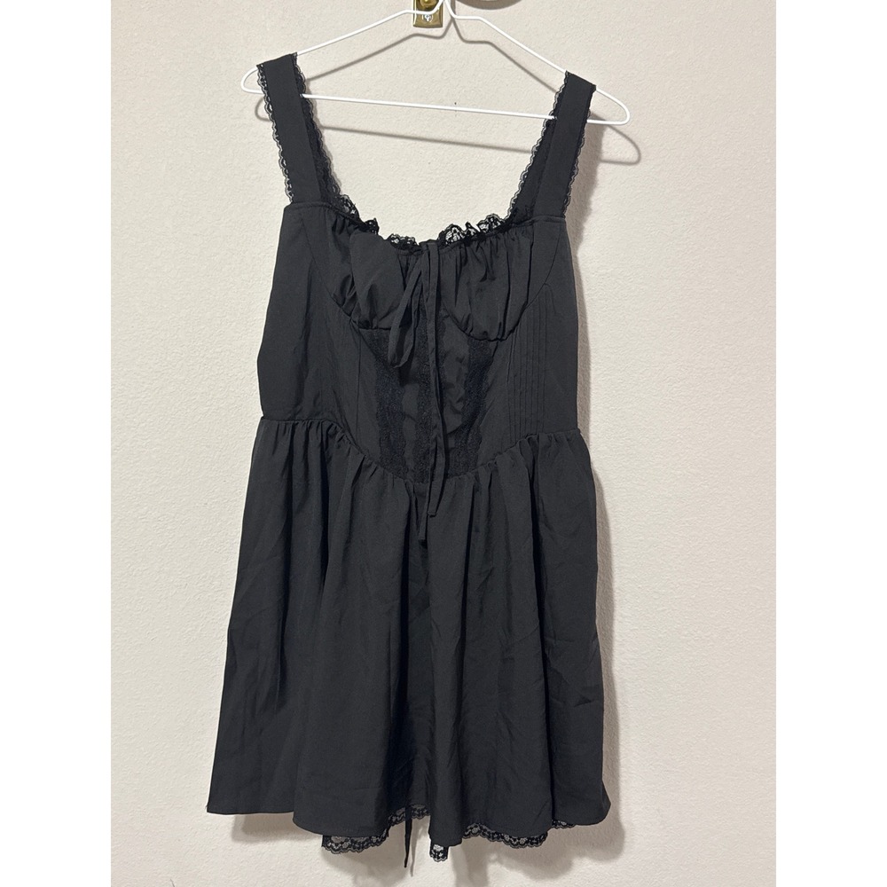 Black Lace Trim Corset Mini Dress Womens Large Goth Coquette Aesthetic Milkmaid